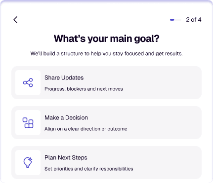 Smart Agenda setup, step 2 of 4: picking a goal from share updates, make a decision or plan next steps