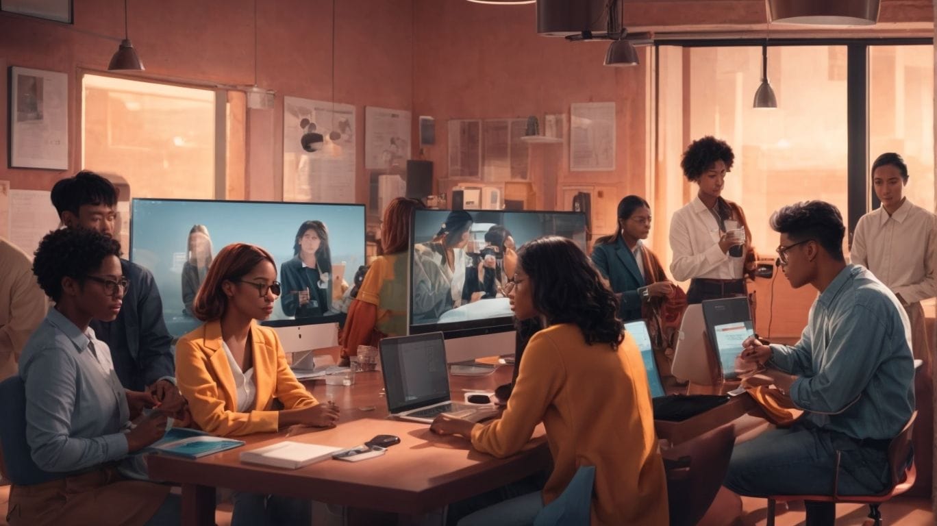 A team around a shared table with laptops while two wall screens show remote colleagues joining by video