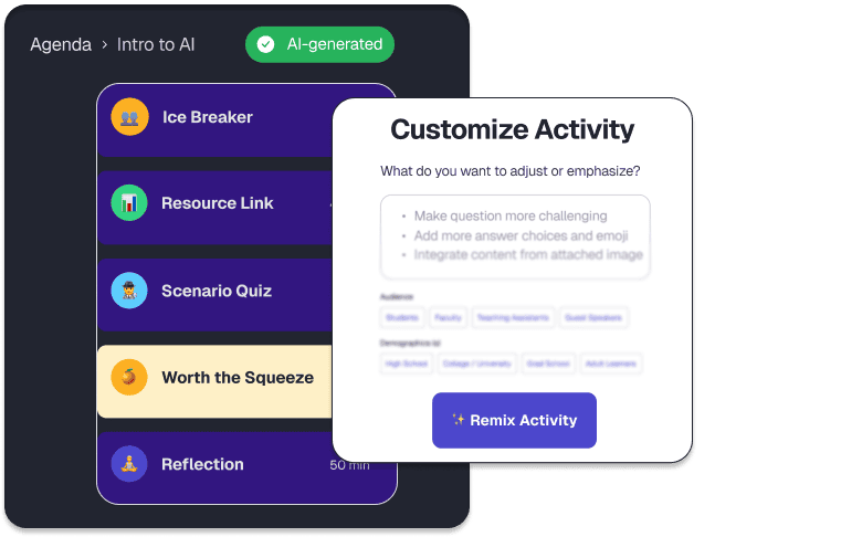 A Customize Activity panel suggesting tweaks to one agenda item, with a Remix Activity button