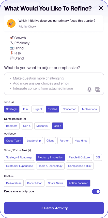 Remix panel with selectable tone, demographic, audience, topic and goal chips above a Remix Activity button