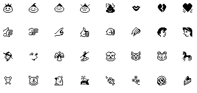 Grid of 32 early black-and-white pixel-art emoji: faces, hands, hearts and animals