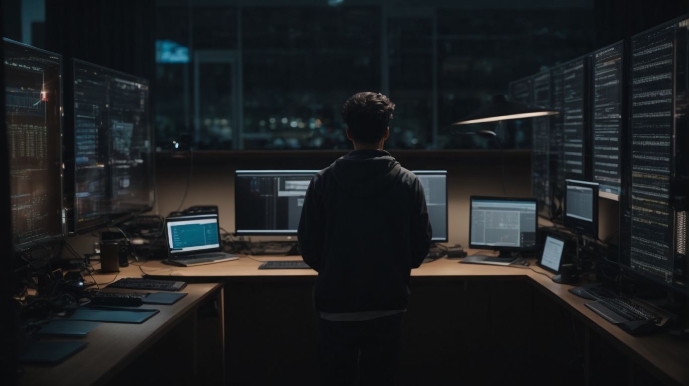 A person standing alone at a night-time desk surrounded by monitors of code and dashboards