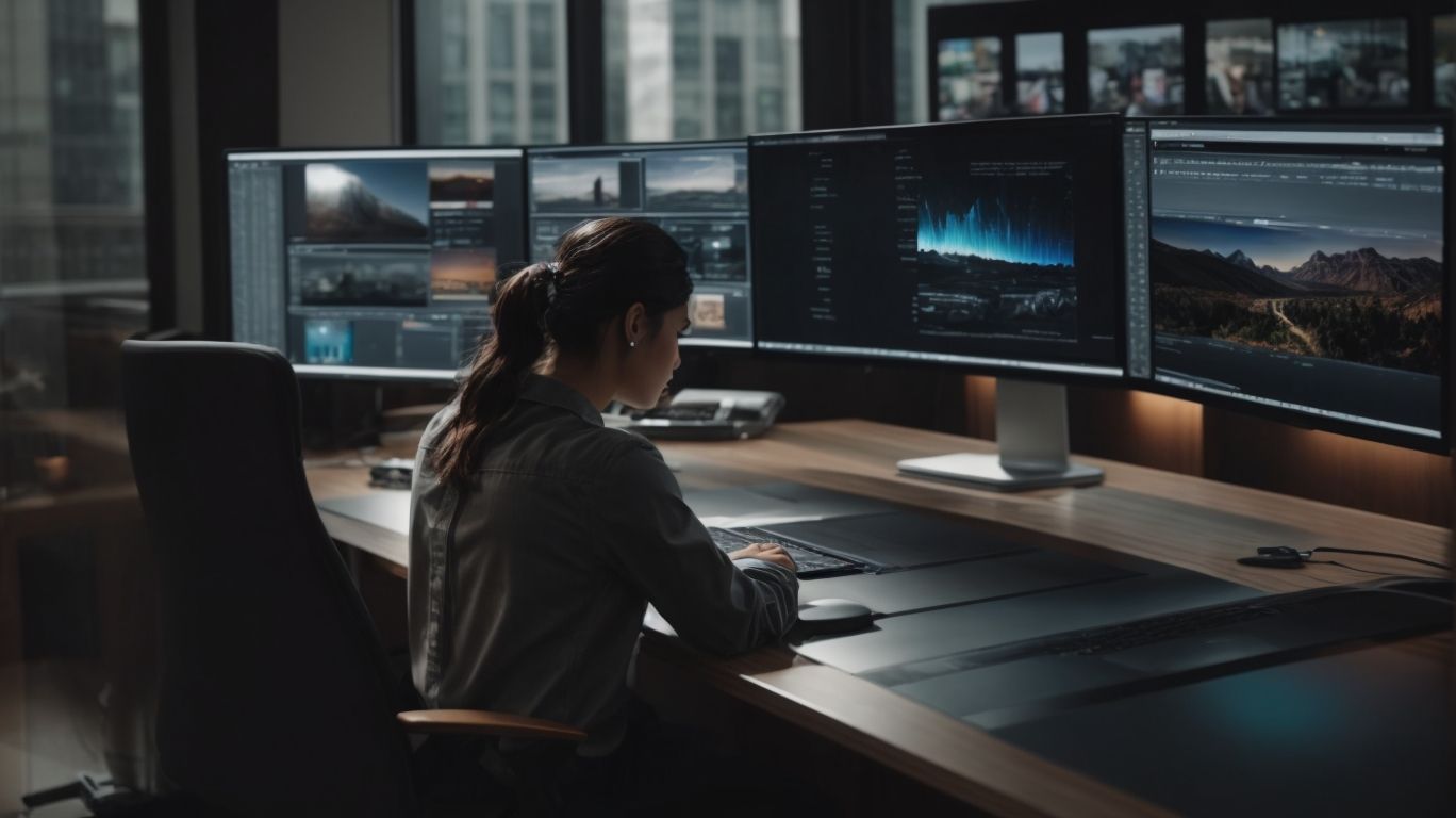 A woman at a four-monitor workstation comparing editing tools, dashboards and charts side by side