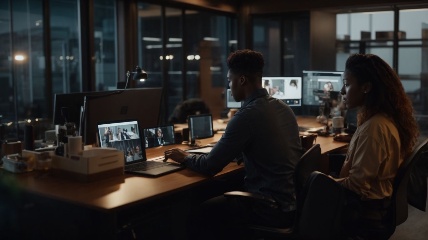 Two colleagues at an evening office desk watching a video call grid on a laptop and a monitor