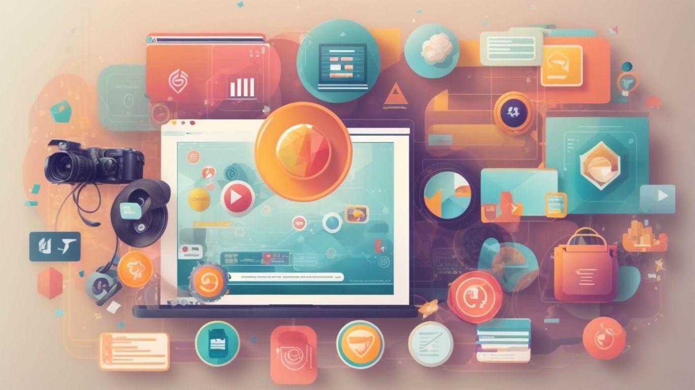 Illustration of a laptop ringed by app tiles, play buttons, badges and coin-like reward icons