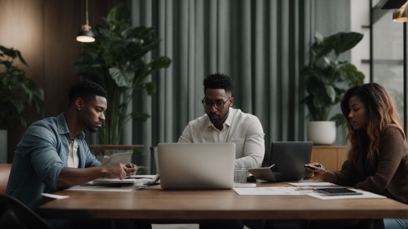 Three colleagues working heads-down over laptops and papers at a table in a plant-filled office