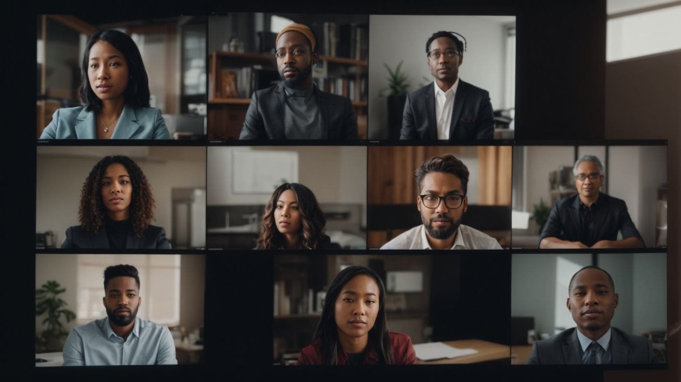 A video call grid of nine participants, each in their own tile in a home or office room